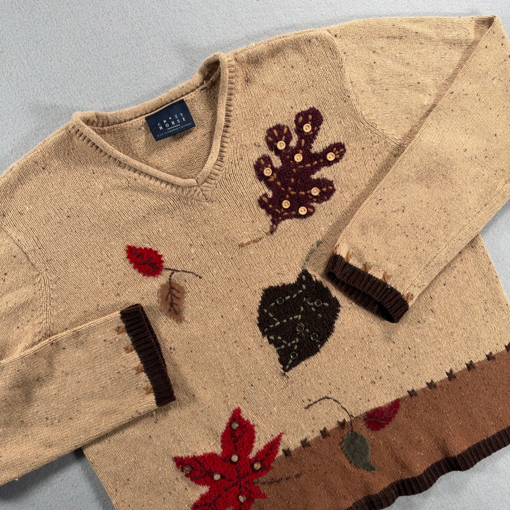 Vintage Crazy Horse Fall Leaf Graphic V-Neck Sweater XL Applique Button Detail